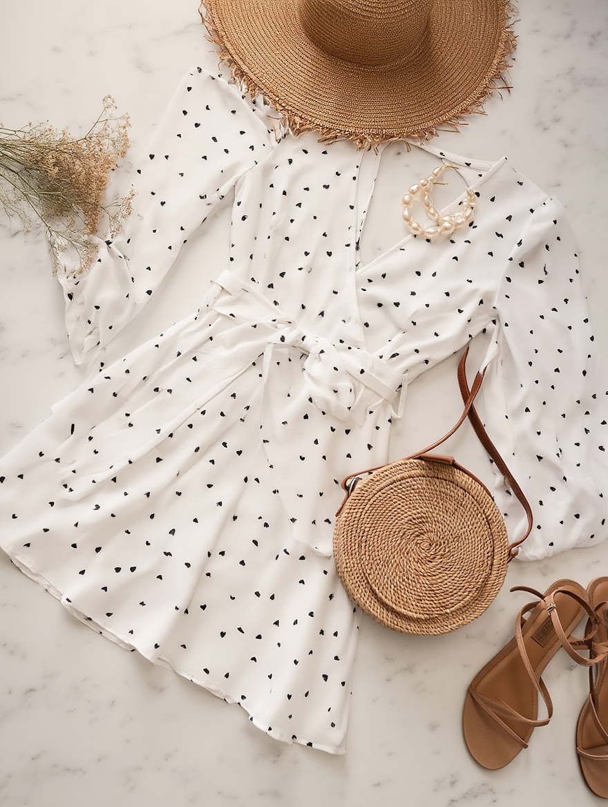 Outfit con Vestido Blanco con Lunares. Otras prendas y accesorios no incluidos.