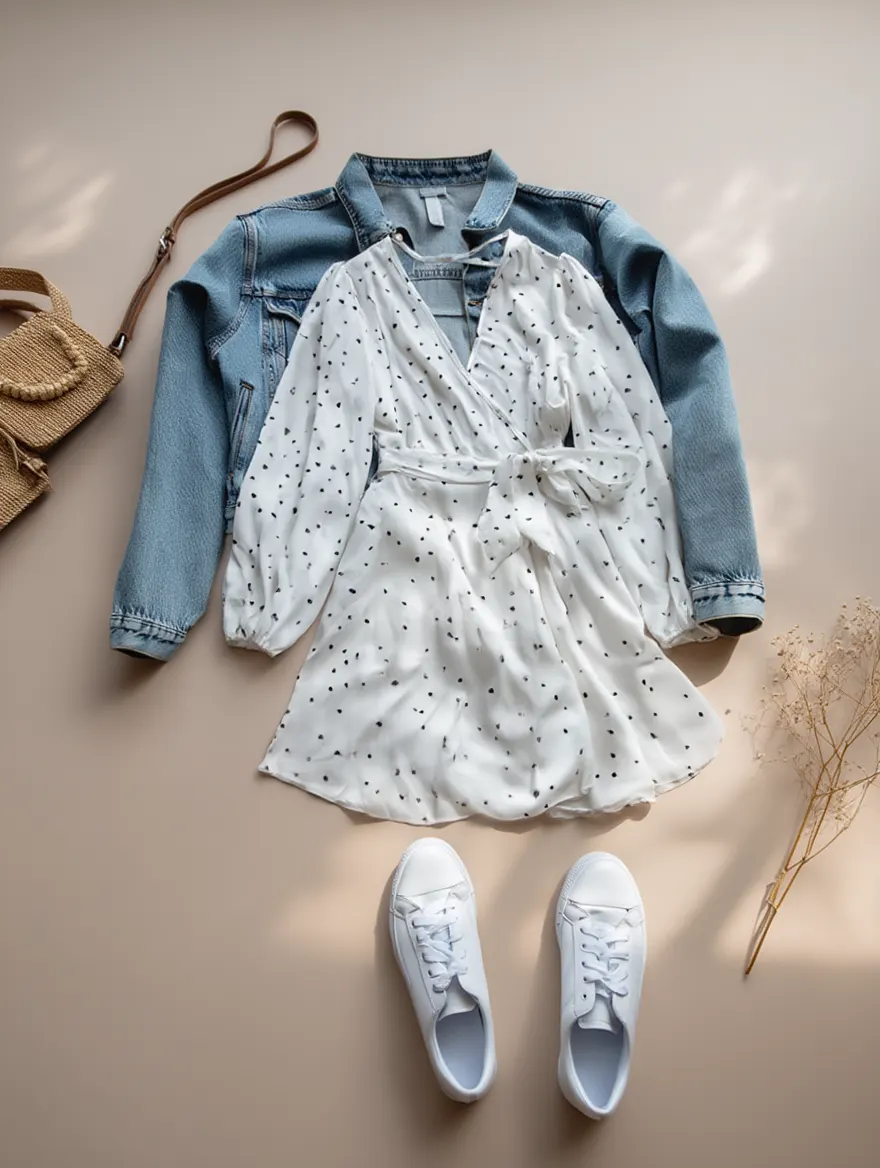 Outfit con Vestido Blanco con Lunares. Otras prendas y accesorios no incluidos.