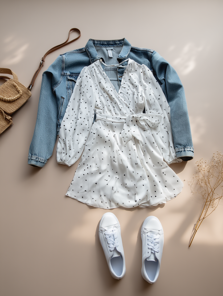 Outfit con Vestido Blanco con Lunares. Otras prendas y accesorios no incluidos.