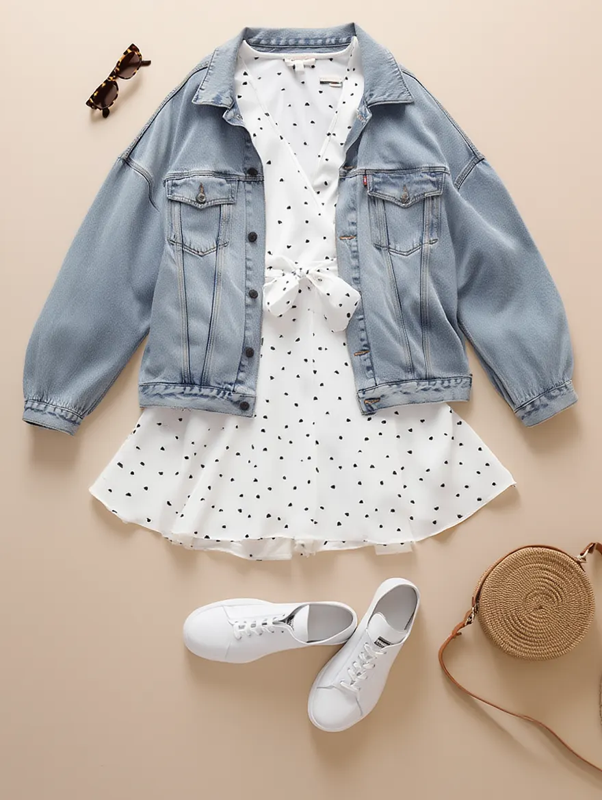 Outfit con Vestido Blanco con Lunares. Otras prendas y accesorios no incluidos.