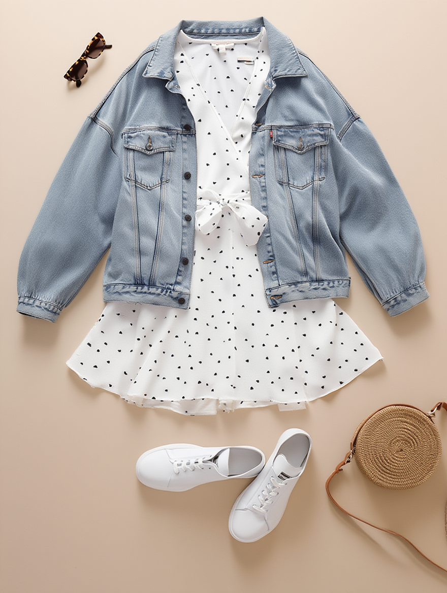 Outfit con Vestido Blanco con Lunares. Otras prendas y accesorios no incluidos.