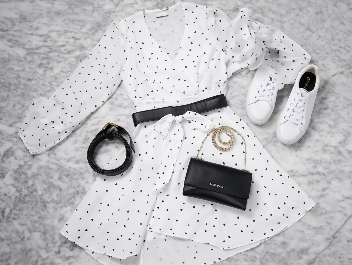 Outfit con Vestido Blanco con Lunares. Otras prendas y accesorios no incluidos.