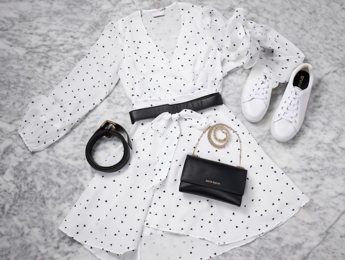 Outfit con Vestido Blanco con Lunares. Otras prendas y accesorios no incluidos.