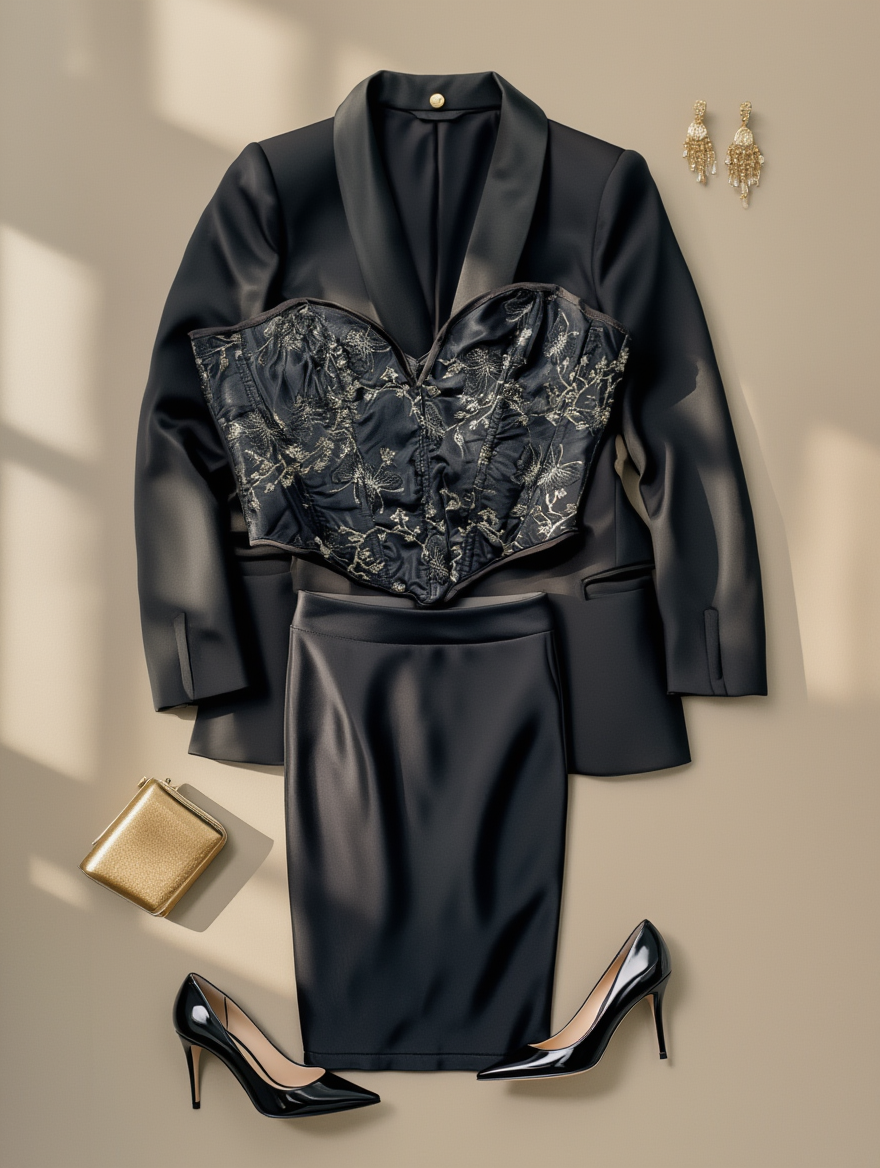 Outfit con Corsé Negro con Bordado Dorado. Otras prendas y accesorios no incluidos.