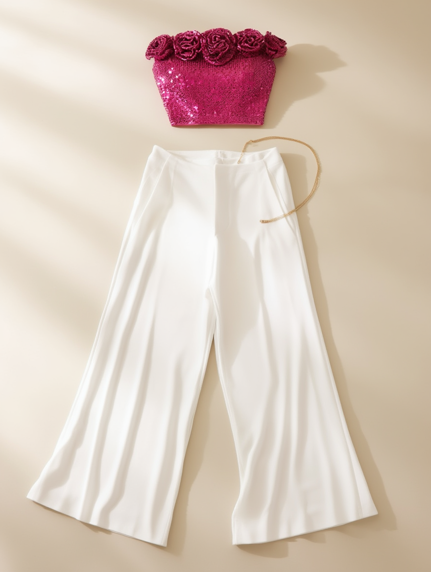 Outfit con Bustier Rosa con Lentejuelas y Rosas. Otras prendas y accesorios no incluidos.