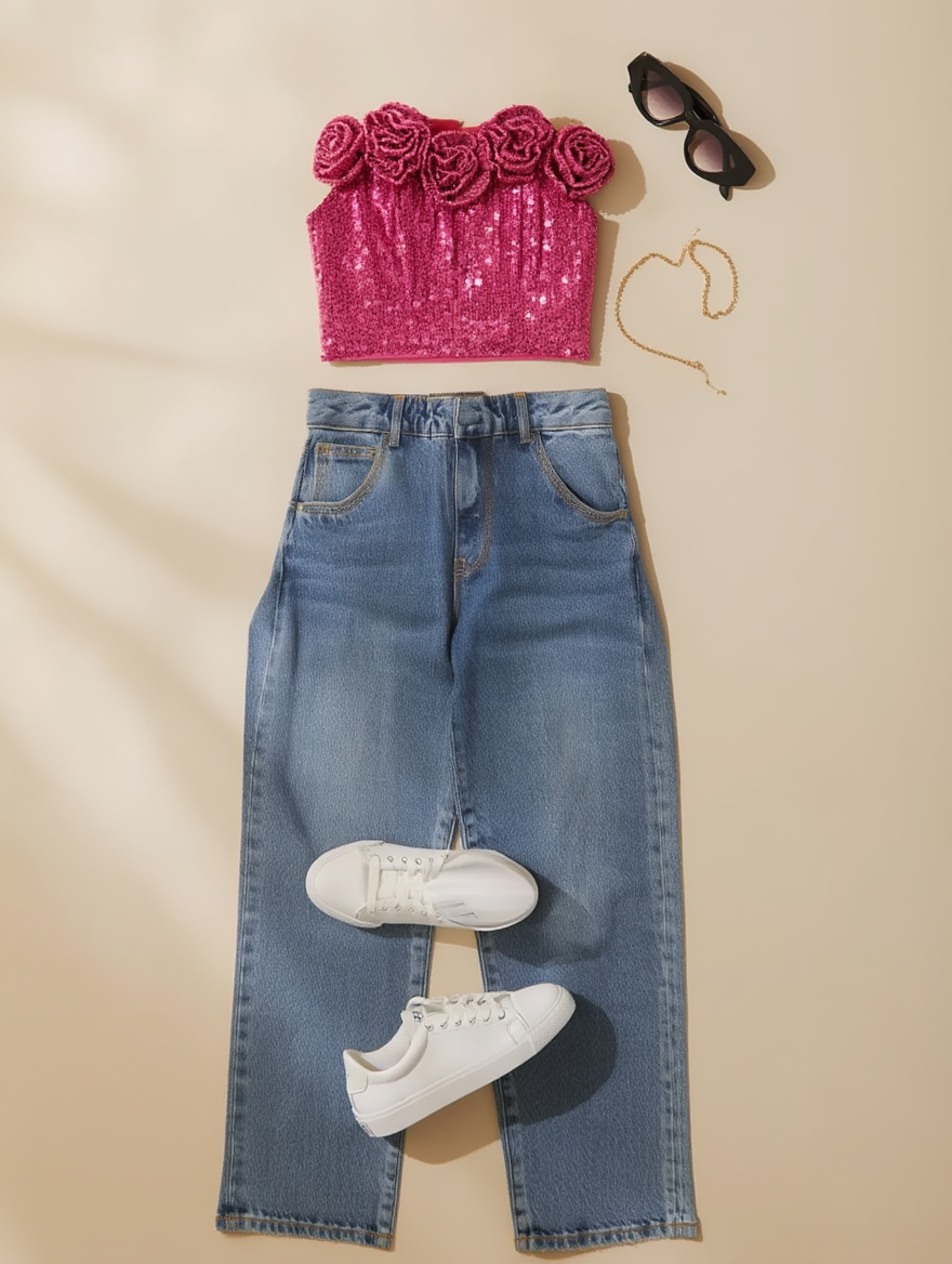 Outfit con Bustier Rosa con Lentejuelas y Rosas. Otras prendas y accesorios no incluidos.