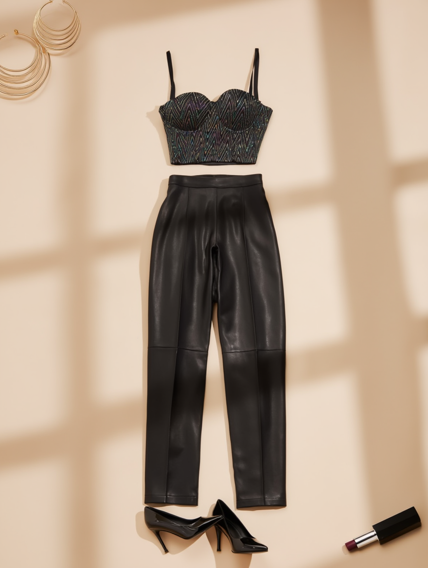 Outfit con Bustier Negro con Patrón Chevron. Otras prendas y accesorios no incluidos.