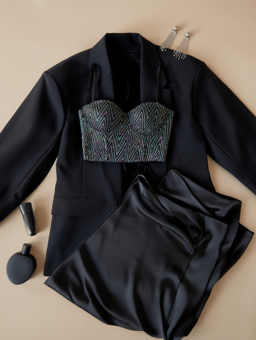 Outfit con Bustier Negro con Patrón Chevron. Otras prendas y accesorios no incluidos.