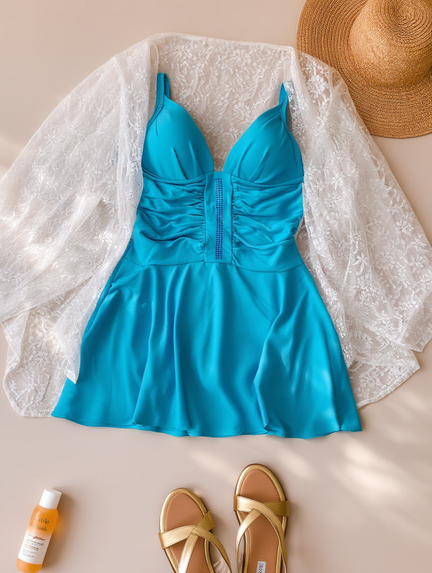 Outfit con Traje de Baño Azul Brillante Fruncido. Otras prendas y accesorios no incluidos.