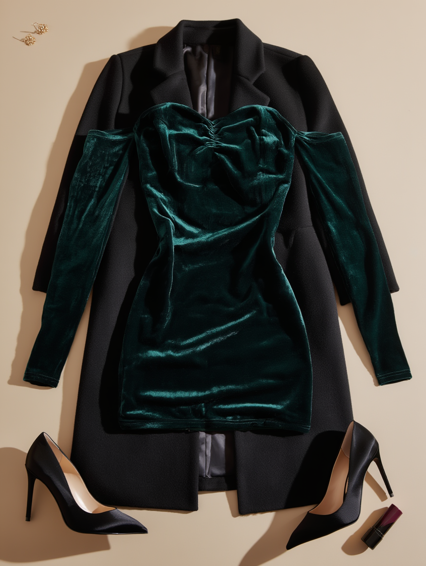 Outfit con Vestido Verde de Terciopelo. Otras prendas y accesorios no incluidos.