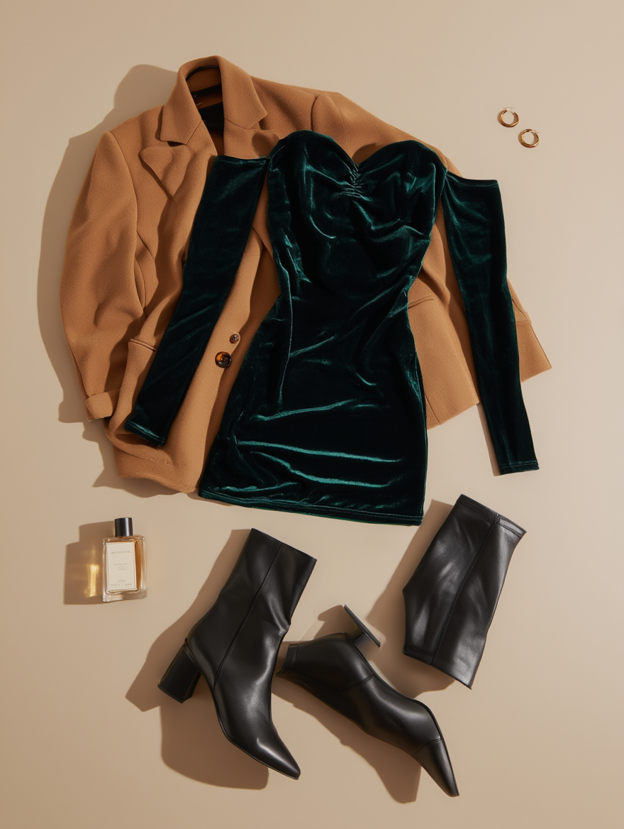 Outfit con Vestido Verde de Terciopelo. Otras prendas y accesorios no incluidos.