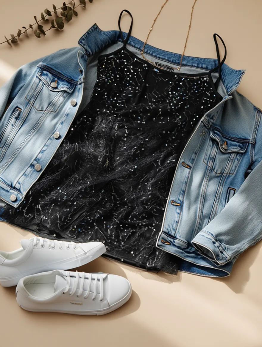 Outfit con Vestido Negro de Malla Brillante. Otras prendas y accesorios no incluidos.