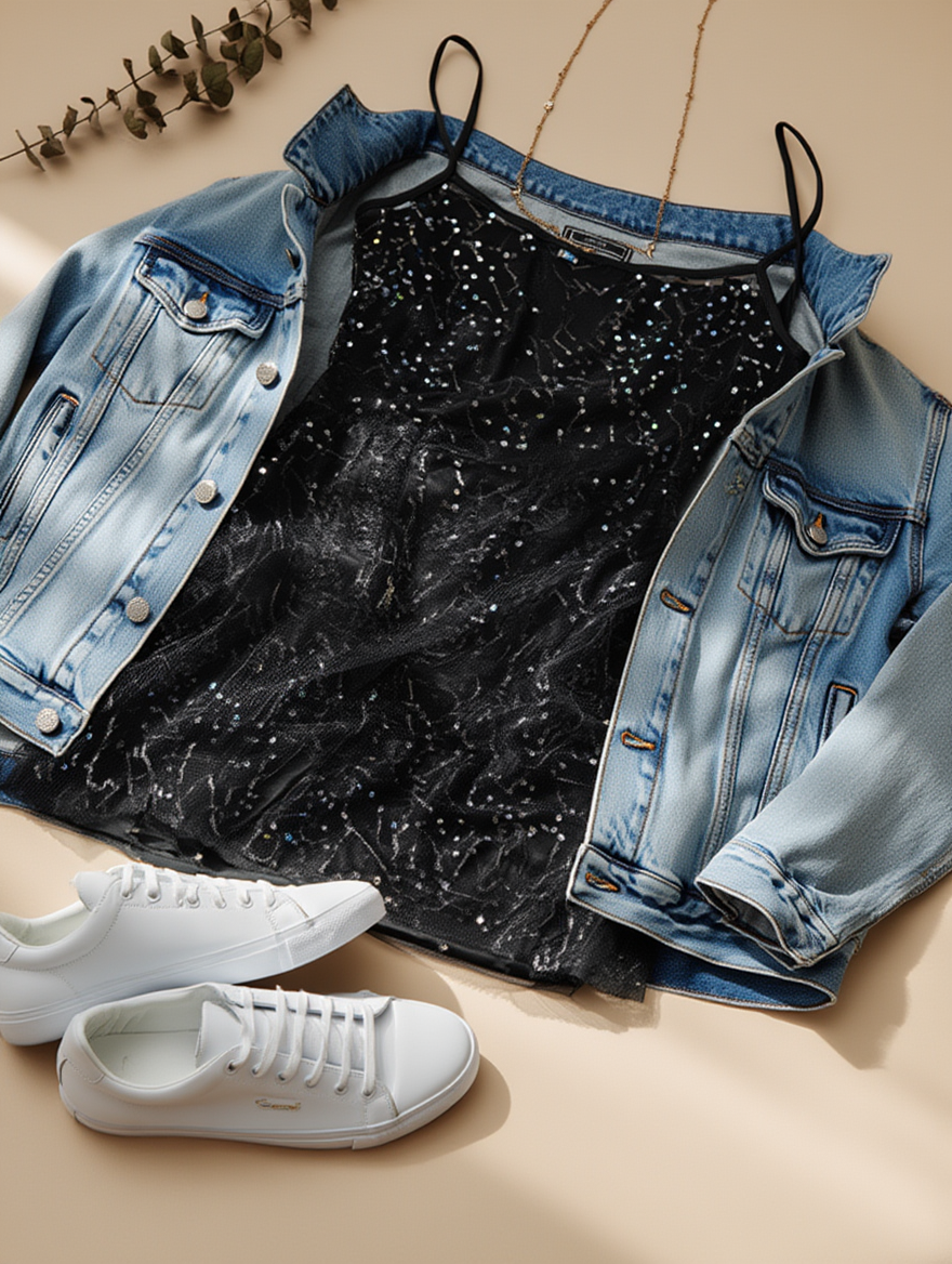 Outfit con Vestido Negro de Malla Brillante. Otras prendas y accesorios no incluidos.