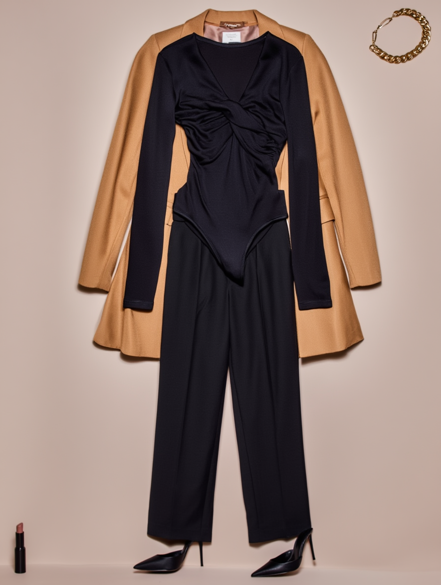 Outfit con Body Negro Cruzado Manga Larga. Otras prendas y accesorios no incluidos.