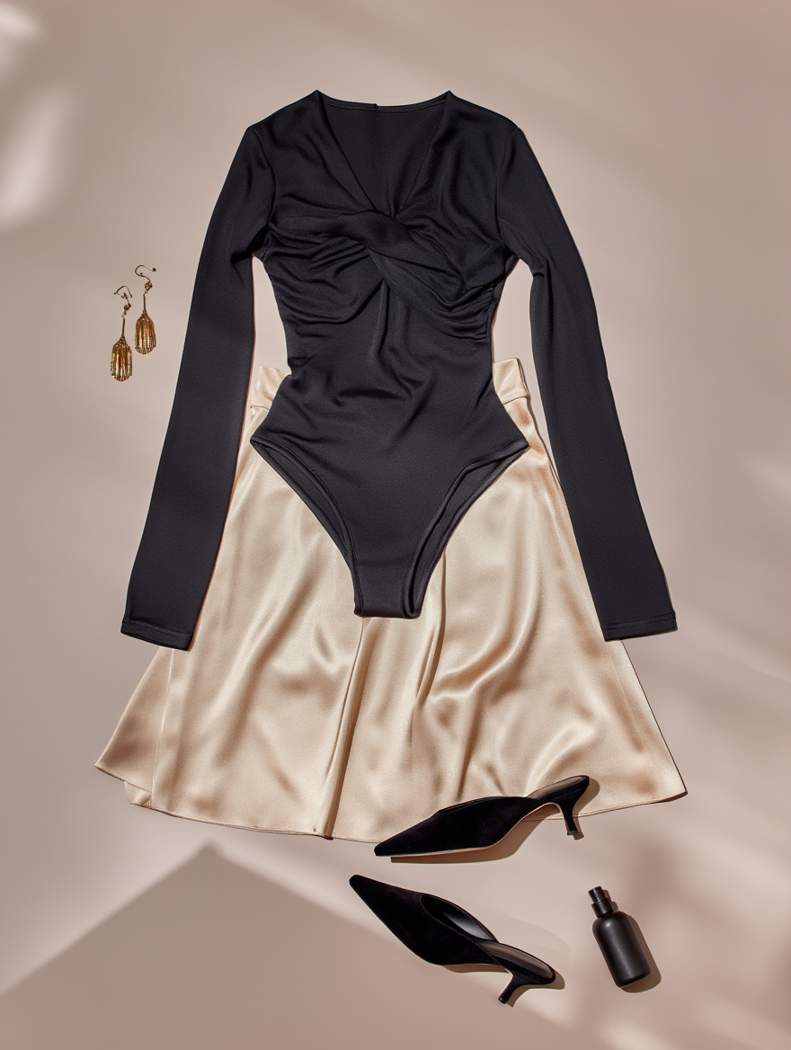 Outfit con Body Negro Cruzado Manga Larga. Otras prendas y accesorios no incluidos.