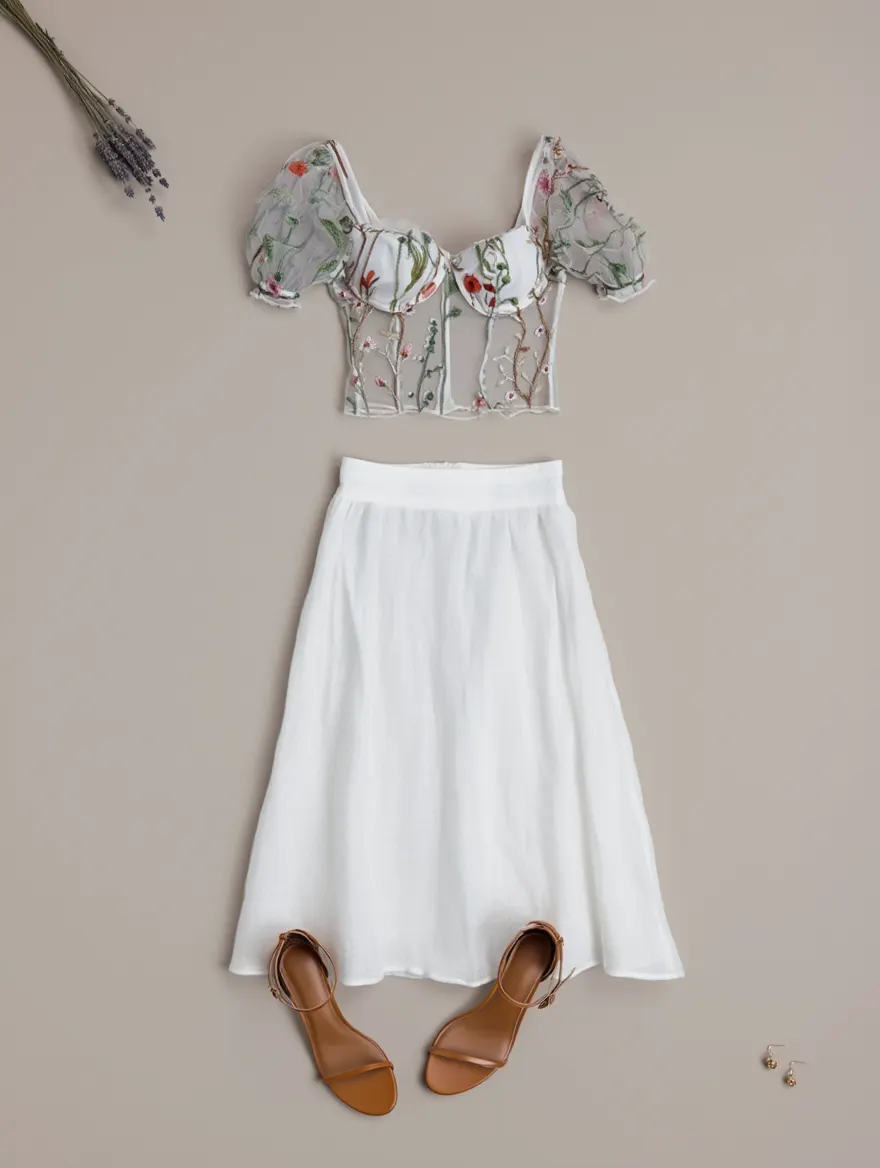 Outfit con Top Blanco de Malla con Bordado. Otras prendas y accesorios no incluidos.