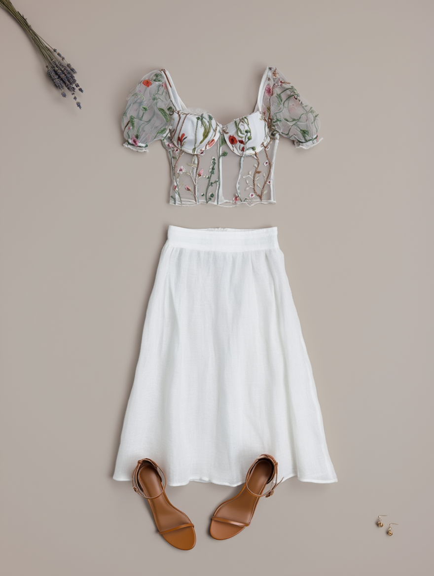 Outfit con Top Blanco de Malla con Bordado. Otras prendas y accesorios no incluidos.