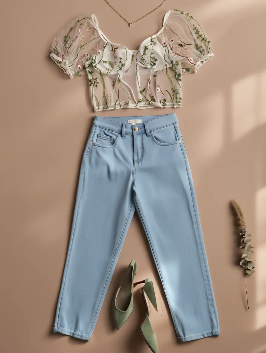 Outfit con Top Blanco de Malla con Bordado. Otras prendas y accesorios no incluidos.