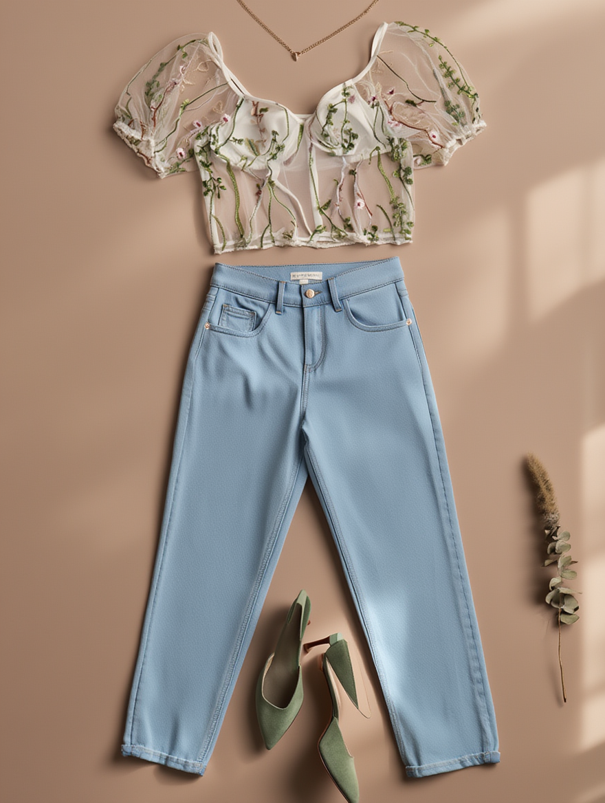 Outfit con Top Blanco de Malla con Bordado. Otras prendas y accesorios no incluidos.