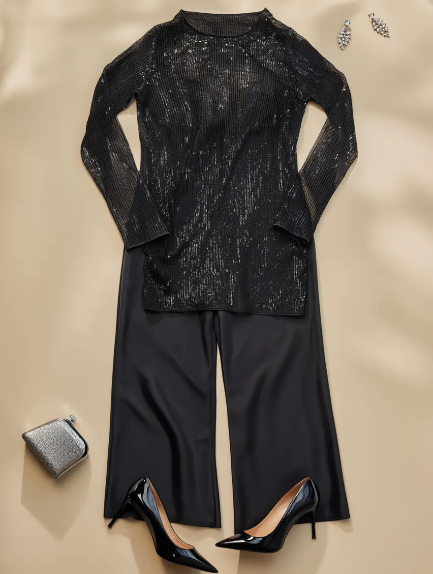 Outfit con Top Negro Transparente Manga Larga. Otras prendas y accesorios no incluidos.