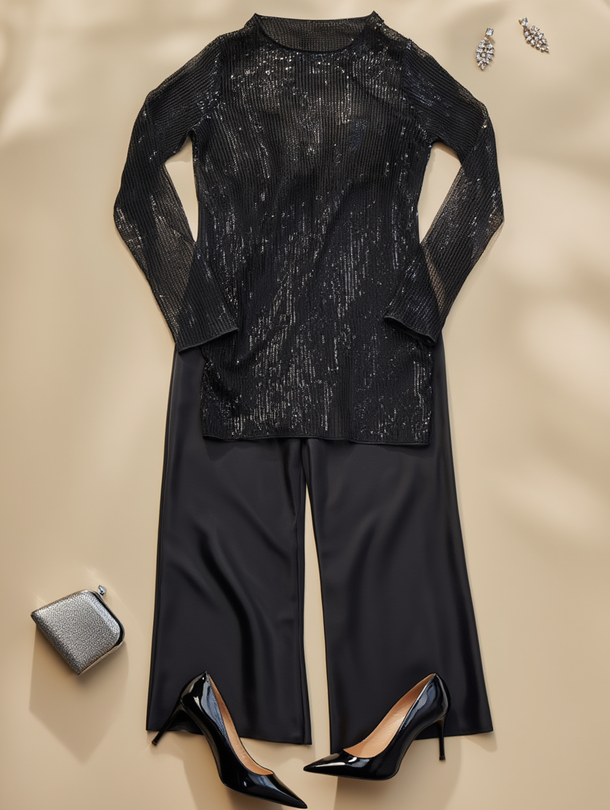 Outfit con Top Negro Transparente Manga Larga. Otras prendas y accesorios no incluidos.