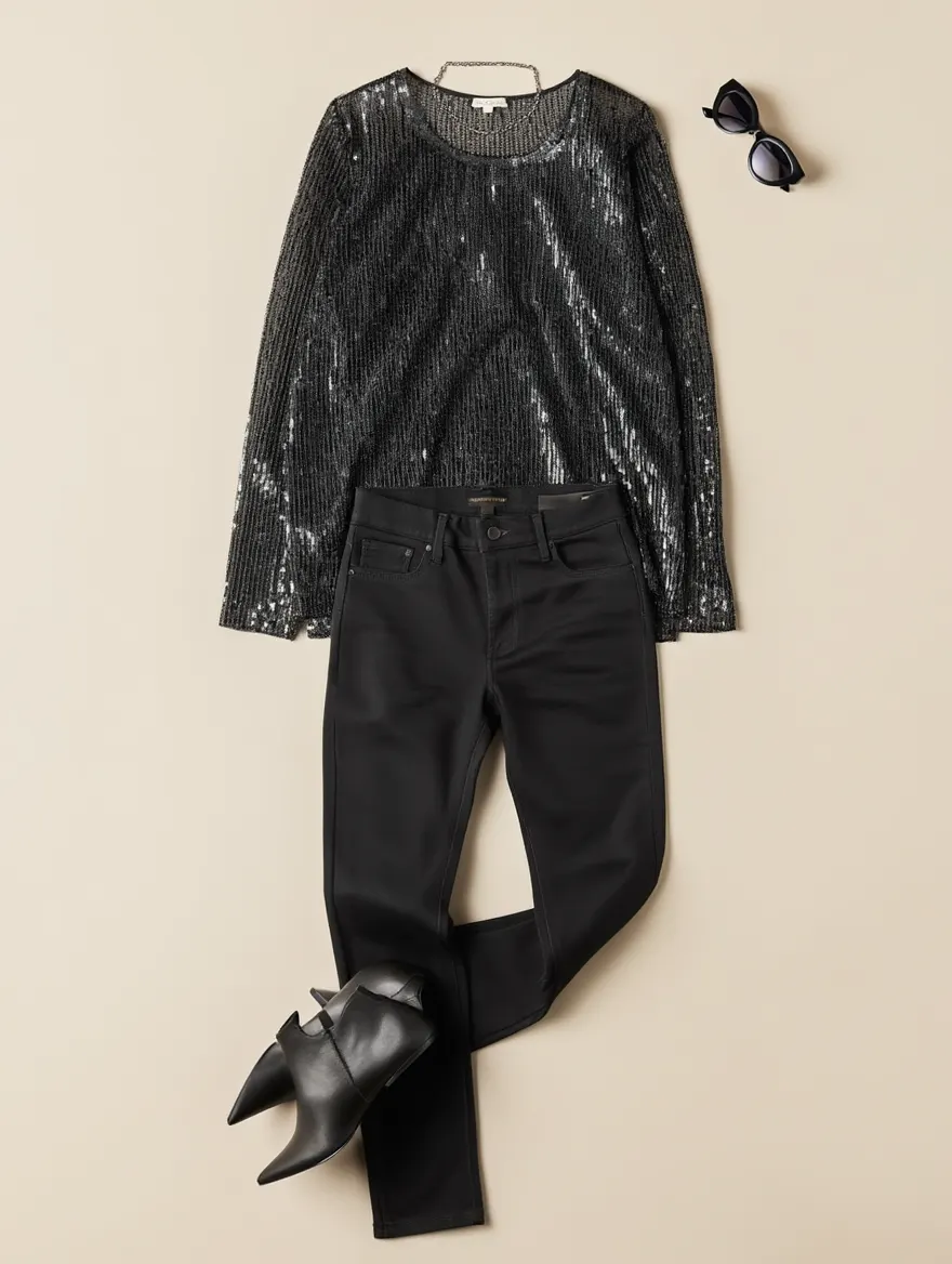 Outfit con Top Negro Transparente Manga Larga. Otras prendas y accesorios no incluidos.