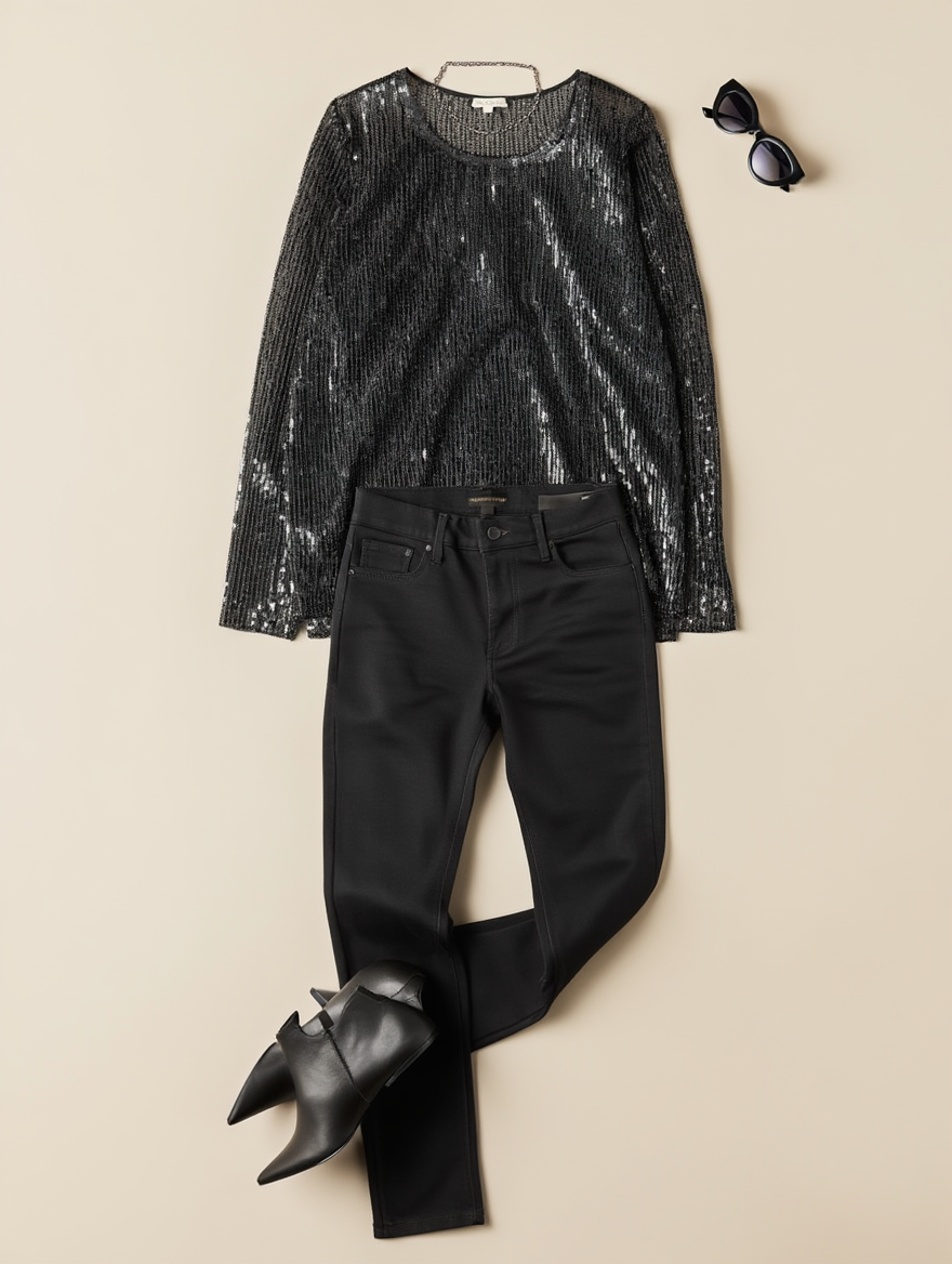 Outfit con Top Negro Transparente Manga Larga. Otras prendas y accesorios no incluidos.