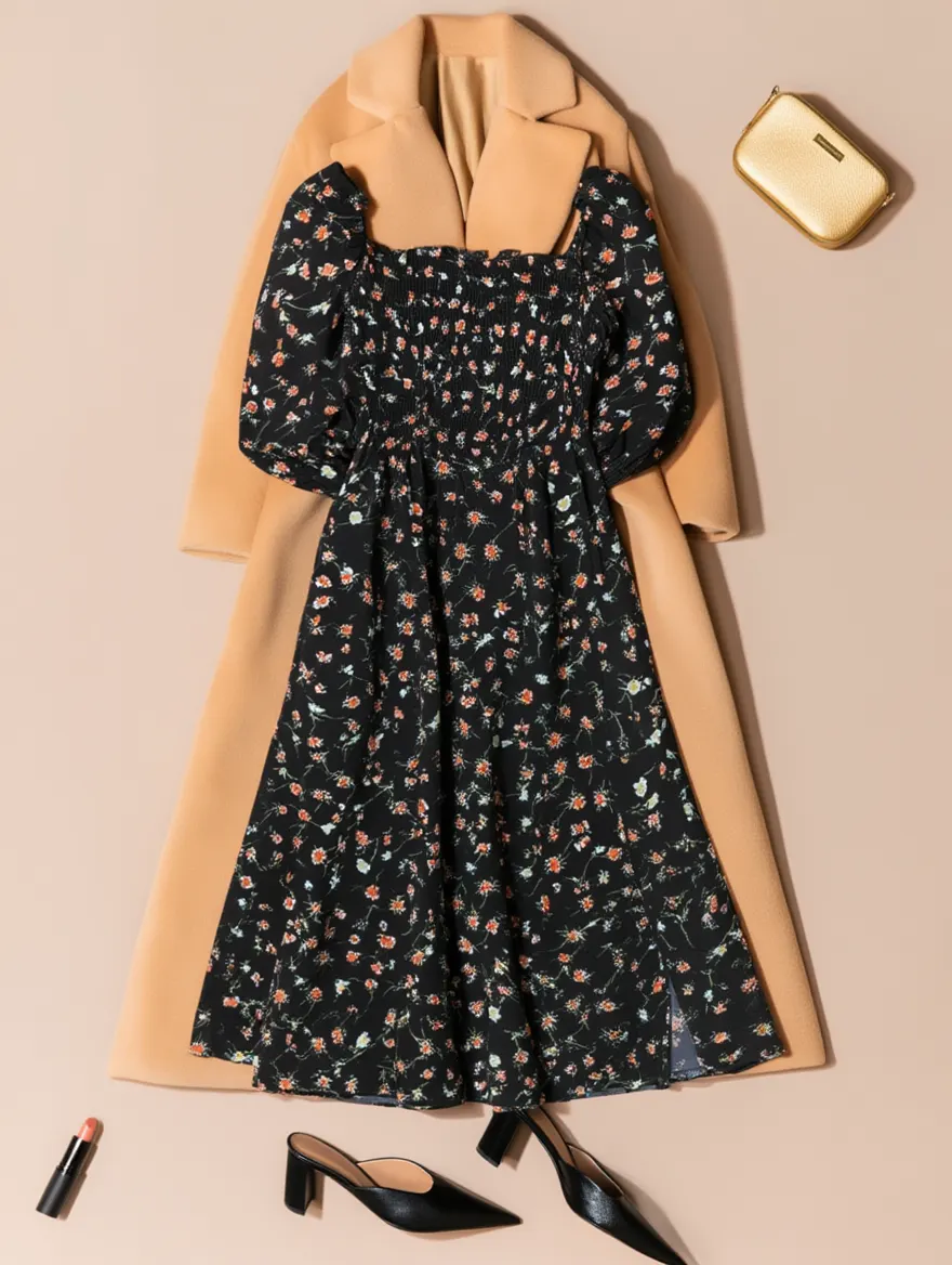 Outfit con Vestido Midi Negro Floral. Otras prendas y accesorios no incluidos.