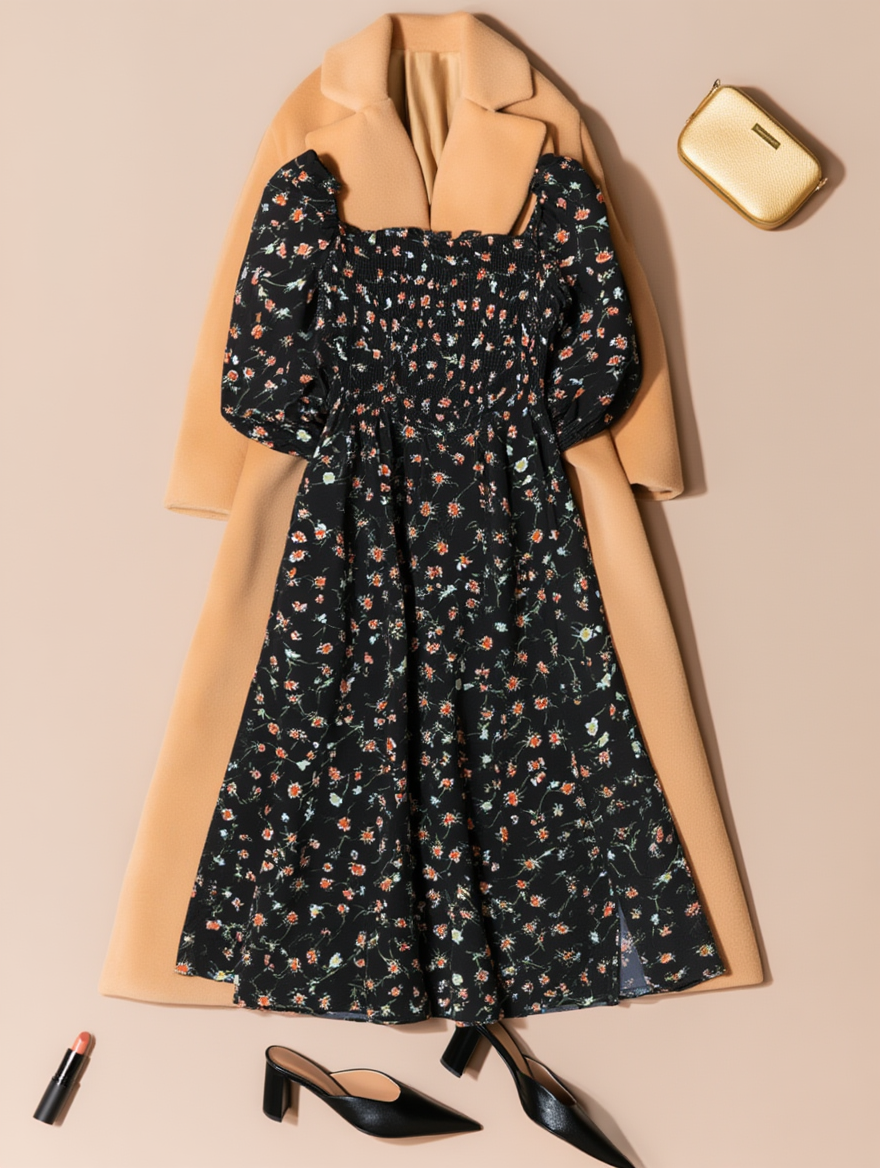 Outfit con Vestido Midi Negro Floral. Otras prendas y accesorios no incluidos.