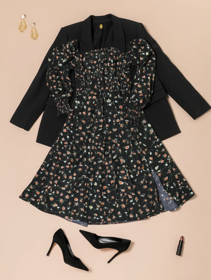 Outfit con Vestido Midi Negro Floral. Otras prendas y accesorios no incluidos.