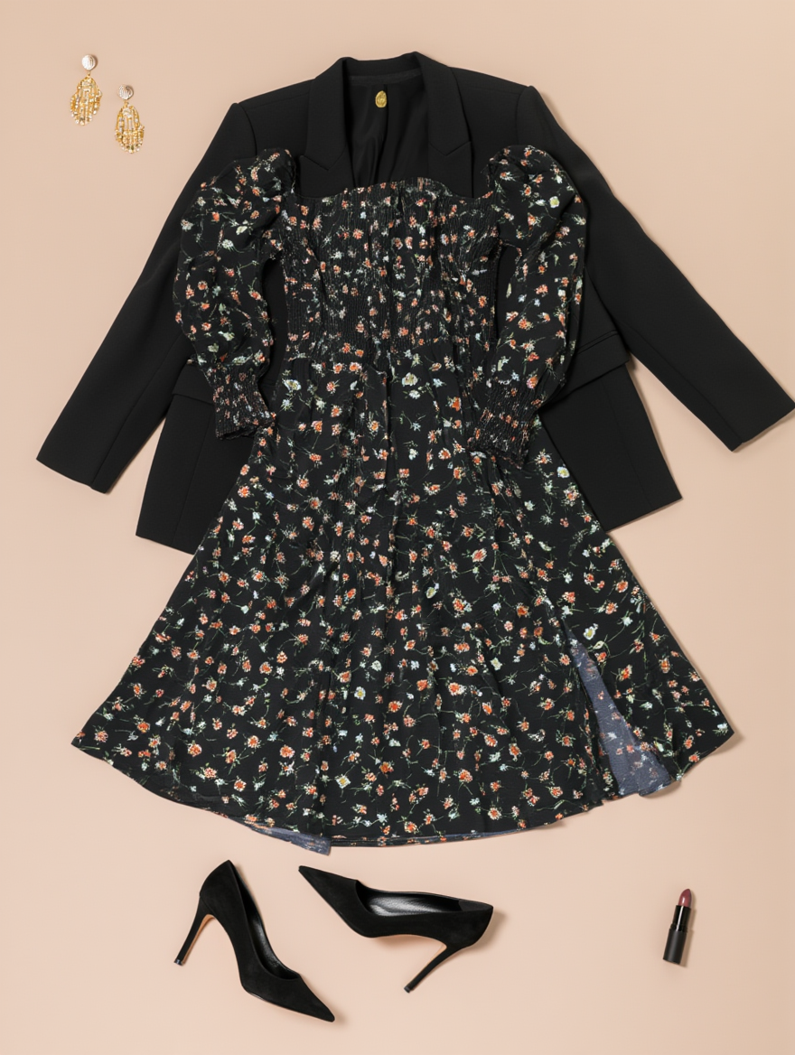Outfit con Vestido Midi Negro Floral. Otras prendas y accesorios no incluidos.