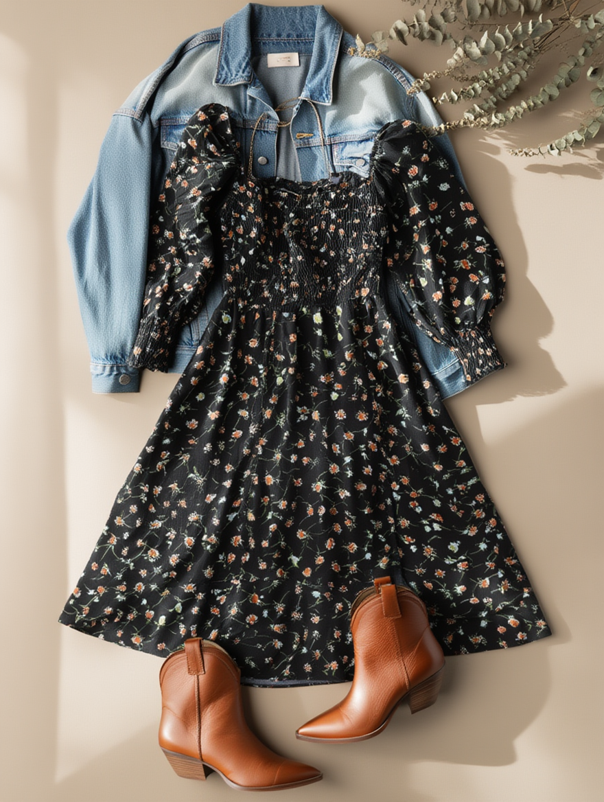 Outfit con Vestido Midi Negro Floral. Otras prendas y accesorios no incluidos.