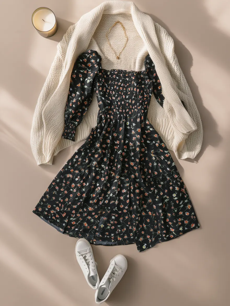 Outfit con Vestido Midi Negro Floral. Otras prendas y accesorios no incluidos.