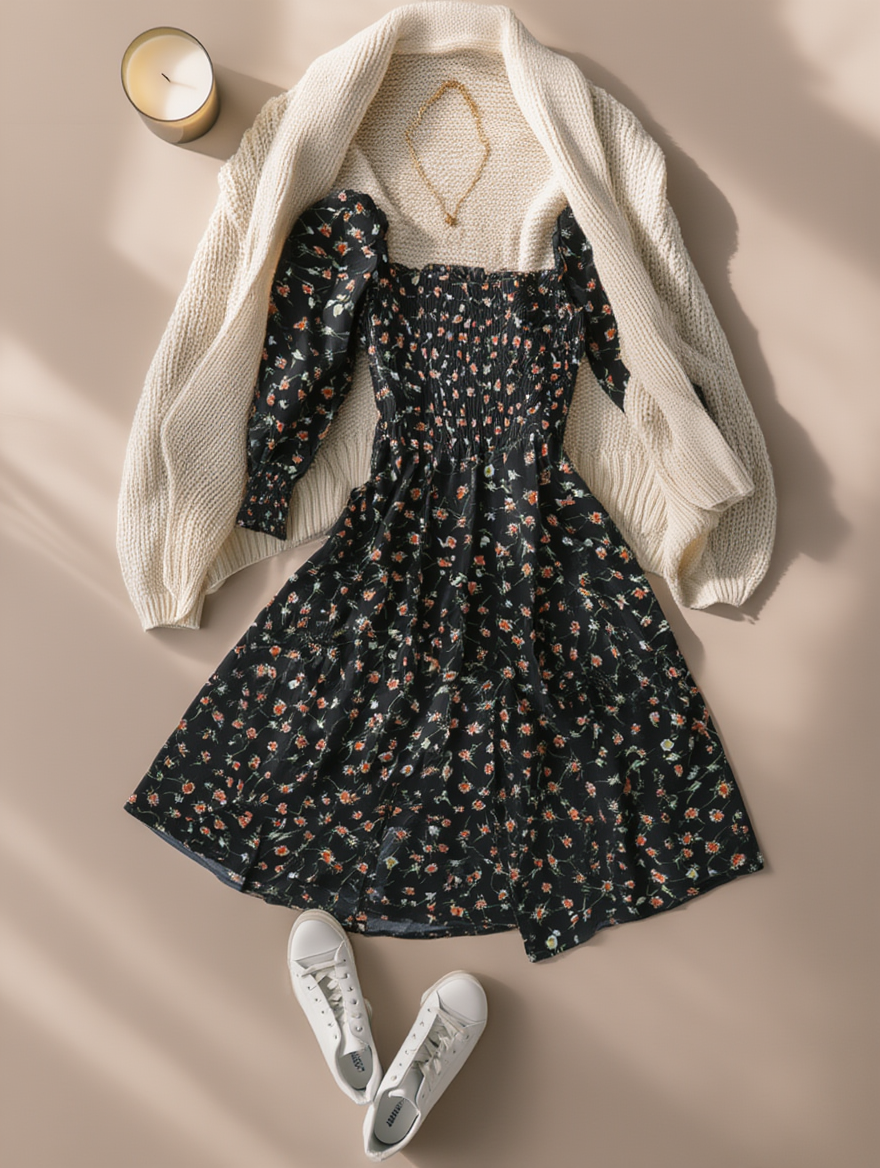 Outfit con Vestido Midi Negro Floral. Otras prendas y accesorios no incluidos.