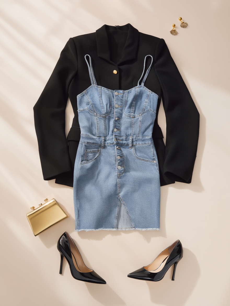 Outfit con Vestido de Mezclilla. Otras prendas y accesorios no incluidos.