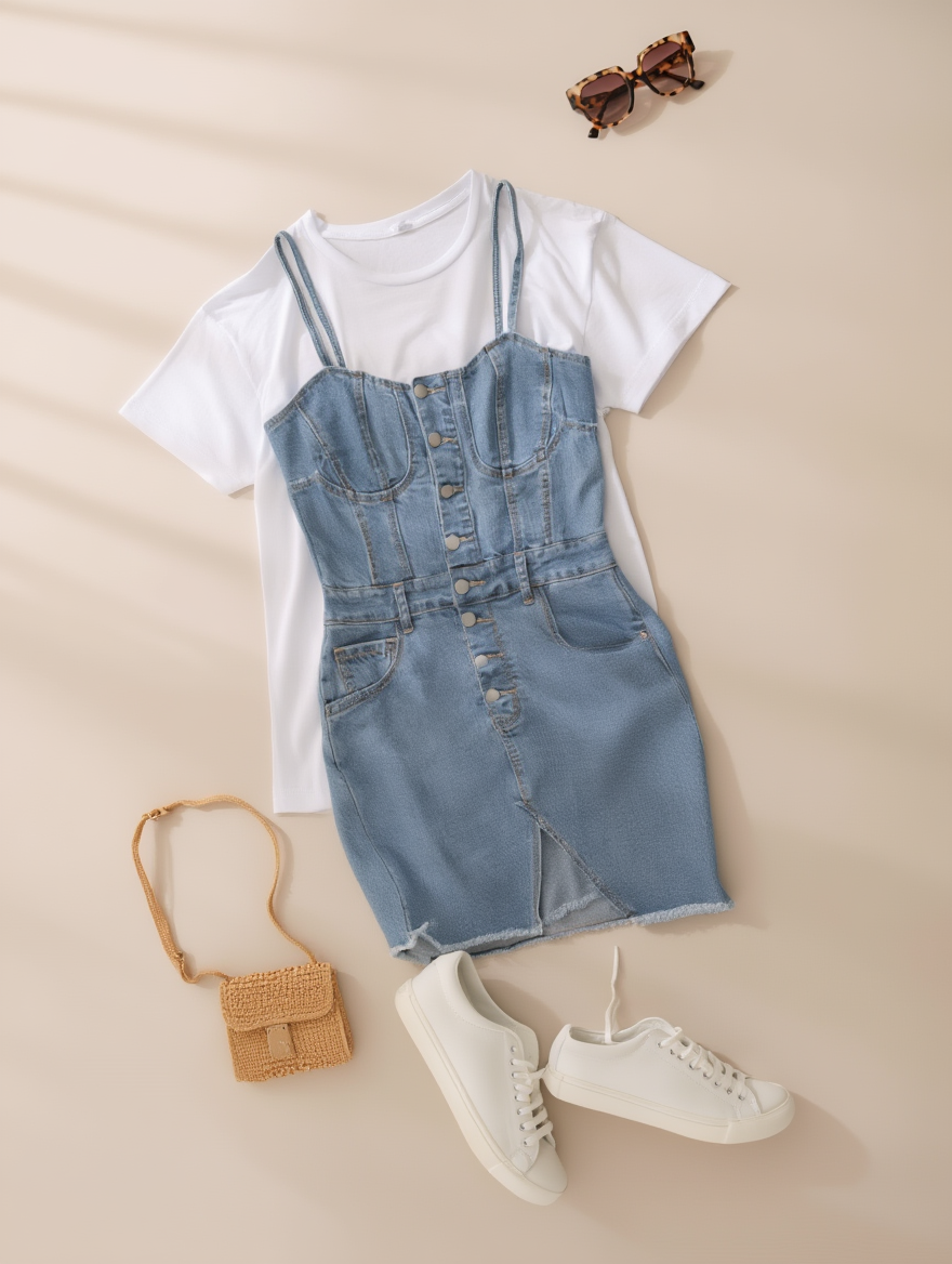 Outfit con Vestido de Mezclilla. Otras prendas y accesorios no incluidos.