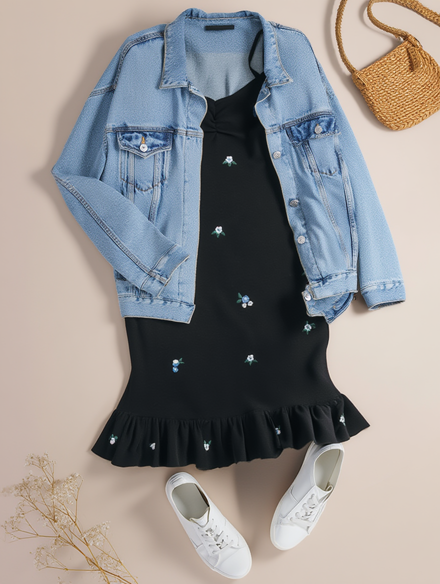 Outfit con Vestido Negro de Punto con Bordado Floral Azul. Otras prendas y accesorios no incluidos.