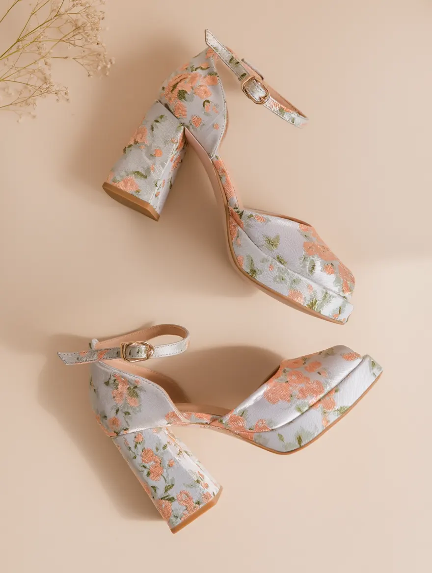 Tacones de Bloque Florales con Correa al Tobillo