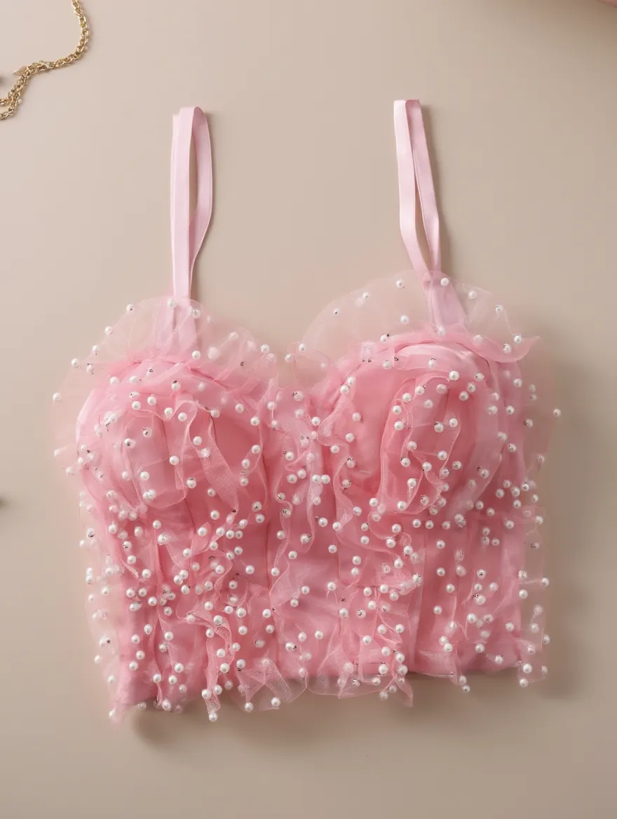 Bustier Rosa con Tirantes de Perlas
